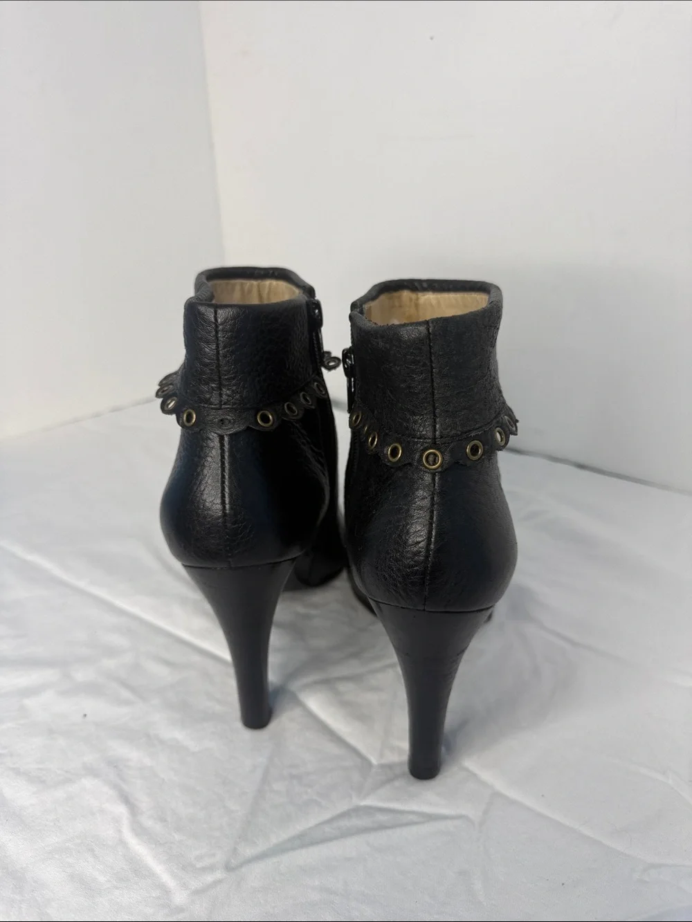 Black Leather Ankle Boots with Grommet Detail